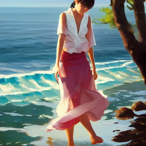 Image similar to oil painting by ilya kuvshinov,, baugh casey, artgerm craig mullins, coby whitmore, of a youthful japanese girl, long hair, wet sundress walking along the coast, highly detailed, breathtaking face, studio photography, noon, intense bounced light, water reflection, large tree casting shadow, serine intense sunlight in the style of zack snyder