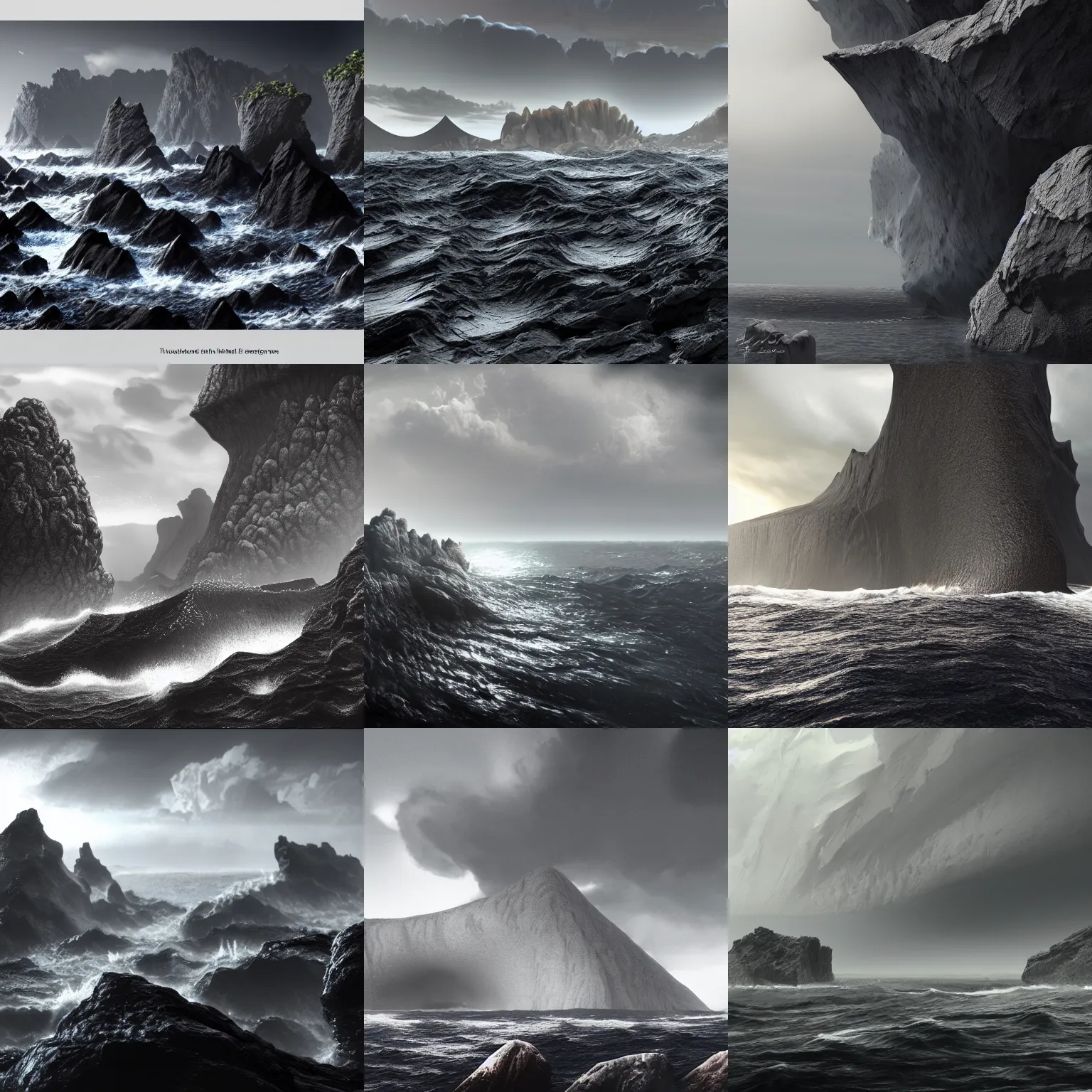 Prompt: a masterpiece matte painting of tumultuous sharp!!! and glassy!! and choppy!! hardened lava rock, igneous rock materials, trailing off into the horizon, trending on artstation, greyscale, hard, solid, vray rendering, enormous scale, 8k