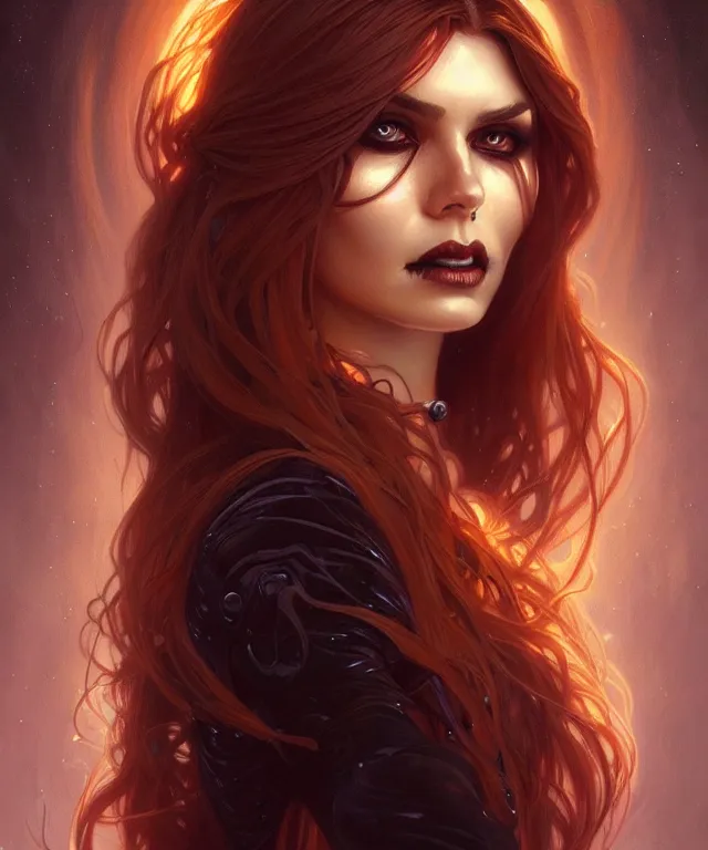 Image similar to Halloween woman portrait, sci-fi, amber eyes, face, long hair, fantasy, intricate, elegant, highly detailed, digital painting, artstation, concept art, smooth, sharp focus, illustration, art by artgerm and greg rutkowski and alphonse mucha