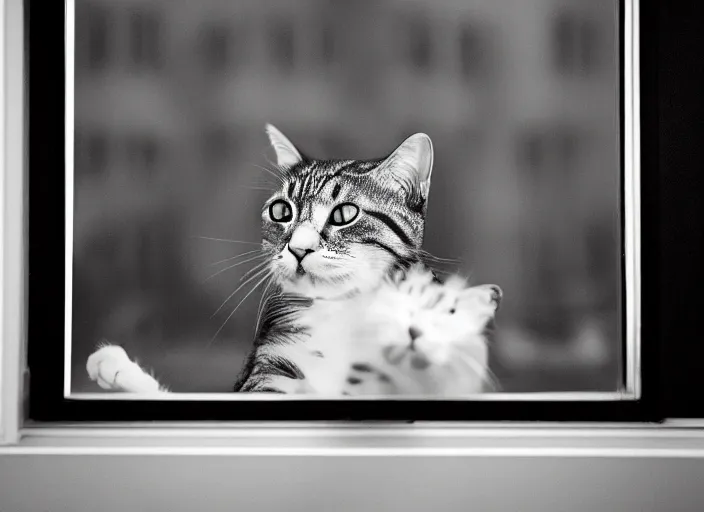 Image similar to photography of a Cat . watching outside the window. on a bed. in a 70's room full of vinyls and posters, photorealistic, award winning photo, 100mm, sharp, high res