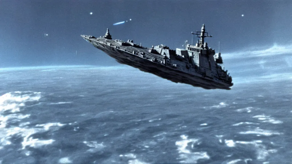 Image similar to Star wars destroyer floating above earth preparing to launch an attack, film still from the movie directed by Stanley Kubrick with art direction by Salvador Dalí, wide lens