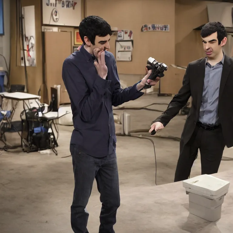 Image similar to focused dslr photograph of nathan fielder from nathan for you on comedy central controlling a puppet version of himself filmed by a tv crew on a stage, high detail!!! 8 k photorealism sharp focus volumetric lighting, coherent!!! art directed, rule of thirds, face