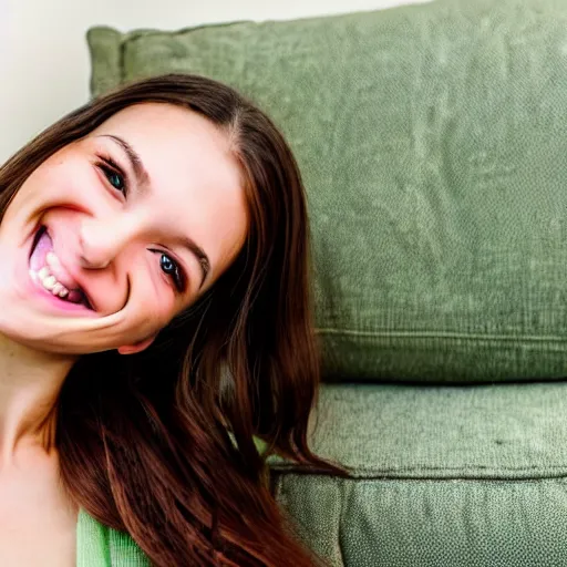 Image similar to a cute young woman smiling, long shiny bronze brown hair, full round face, green eyes, medium skin tone, light cute freckles, smiling softly, wearing casual clothing, relaxing on a modern couch, interior lighting, cozy living room background, medium shot, mid-shot, soft focus