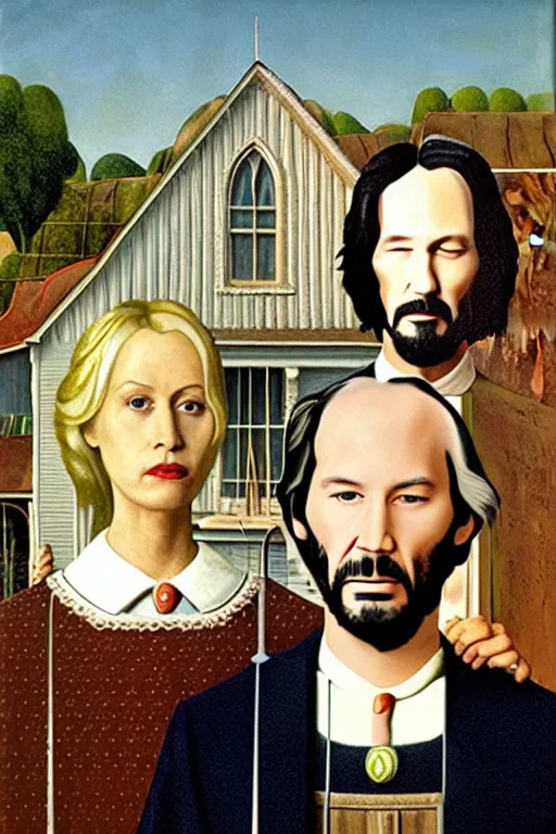 Image similar to painting of Keanu Reeves and Dolly Parton as the couple in American Gothic in the style of Grant Wood