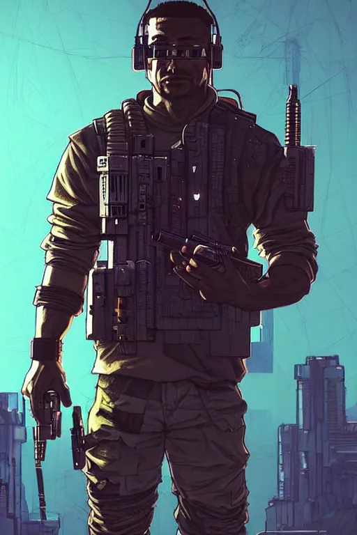 Image similar to Dangerous Tojo. buff Samoan cyberpunk mercenary wearing a cyberpunk tactical headset and military vest. AR-15. square face. Realistic Proportions. Concept art by James Gurney and Laurie Greasley. Moody Industrial skyline. ArtstationHQ. Creative character design for cyberpunk 2077.