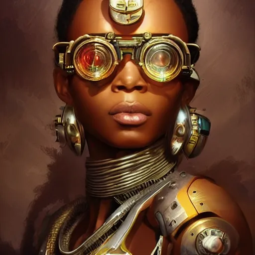 Image similar to african steampunk alchemist, science fiction, highly detailed, digital painting, beautiful eyes, symmetry, concept art, sharp focus, illustration, global illumination, radiant light, detailed and intricate environment, art by artgerm and greg rutkowski and magali villeneuve and ilya kuvshinov!