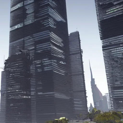 Prompt: a dystopia skyscraper as a background for grand theft auto 5 loading screen, very detailed, high quality photo, designed by zaha hadid, sculped by Norman foster