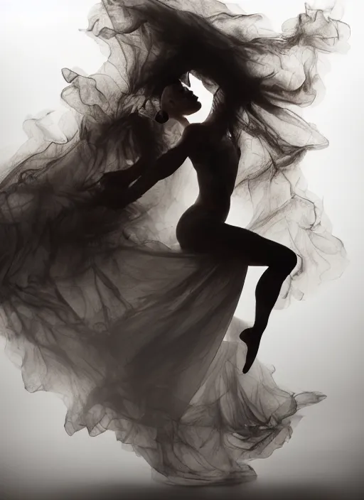 Image similar to a Photorealistic dramatic hyperrealistic render of a glamorous beautiful Female smoke dancer by Ken Brower and Deborah Ory of NYC Dance project,Lois Greenfield,Flowing cloth and smoke,Beautiful dynamic dramatic dark moody lighting,volumetric,shadows,cinematic atmosphere,Octane render,8K