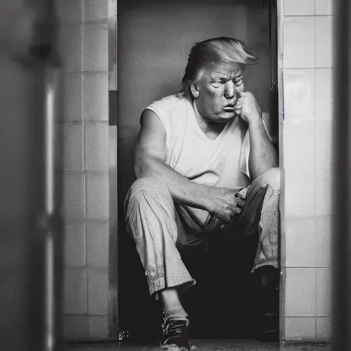 Prompt: a disheveled Donald Trump crying profusely in prison clothing sitting on a toilet in prison. wide angle. The floor is covered in garbage. candid photograph.