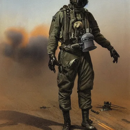 Prompt: american officer in gas mask and cap stands near a military attack helicopter, intricate, defined, grim environment, artwork