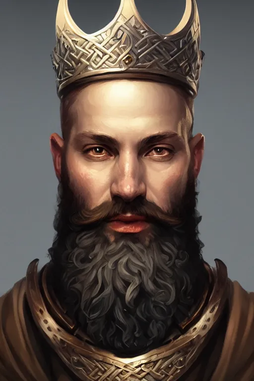 Image similar to highly detailed portrait of an elegant viking king with a beard, ornate crown, beautiful symmetrical face, glowing skin, digital painting, artstation, concept art, smooth, clear focus, illustration, greg rutkowski, artgerm, global lighting, detailed and fantasy