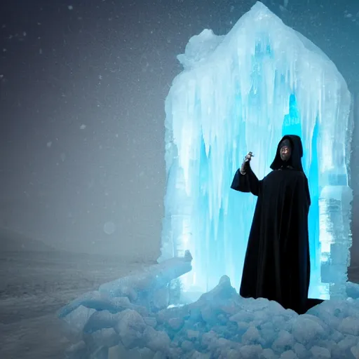 Prompt: a cloaked mage casting a magic spell toward an ice castle