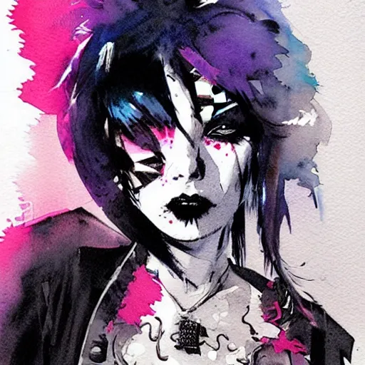 Prompt: Beautiful detailed watercolor medium shot of a cute goth punk girl by Bill Sienkiewicz, trending on pinterest