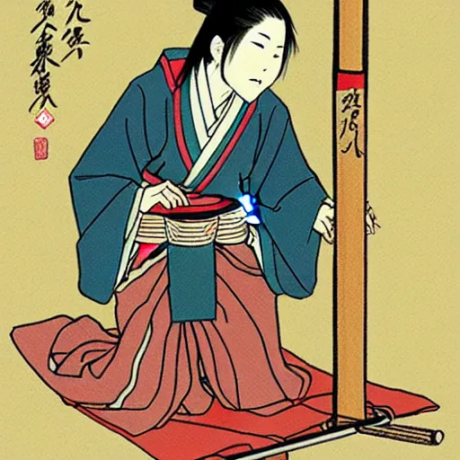 Image similar to anime art, a japanese woman holding a kanabo kneeling for an altar