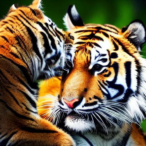Prompt: a tiger cuddling with a house cat 4k, high detail, high-resolution photograph