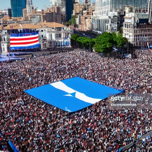 Image similar to Lady Gaga as president, Argentina presidential rally, Argentine flags behind, bokeh, giving a speech, detailed face, Argentina