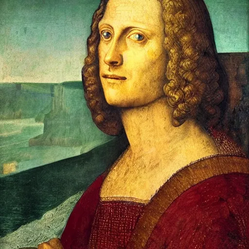 Image similar to portrait of william sheen by davinci watching over the cliffs of moher, high definition, golden ratio