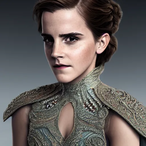 Image similar to a regal emma watson wearing an intricate and detailed armor made of ocean waves. layers. textures. delicate. elaborate. translucent. soft. ethereal. fragile. vulnerable. studio portrait. photorealistic. octane render