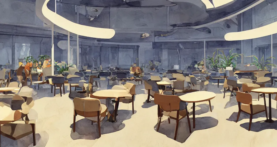 Image similar to a beautiful illustration of futuristic empty cafe, lots of furniture, dining, waiting room, big medium small, sacred geometry, golden ratio, in watercolor gouache detailed paintings, in style of syd mead, trending on artstation,8k, panel, hard surface, vent, zaha hadid, props, plant, cozy,decoration around the room