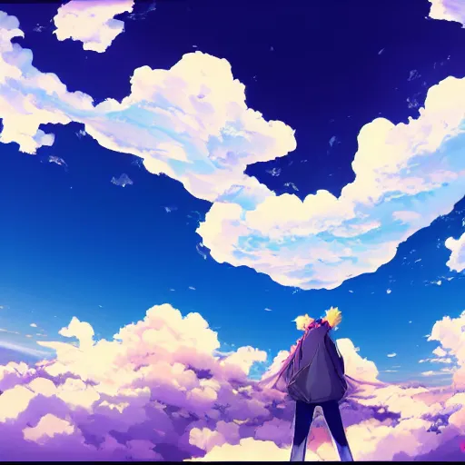Image similar to anime clouds, sky, digital painting, trending on artstation, fisheye perspective, highly detailed