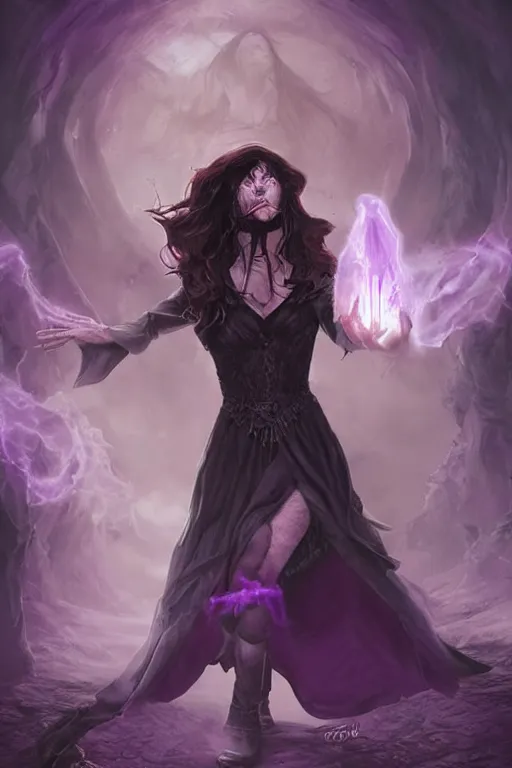 Image similar to a standing witch from D&D called Victoria conjuring a spell surrounded by violet rays and overlays, dark fantasy illustration, realistic, soft lighting, art by Artgerm and Peter tang,