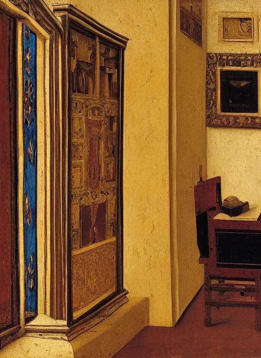 Prompt: bookshelf, medieval painting by jan van eyck, johannes vermeer, florence