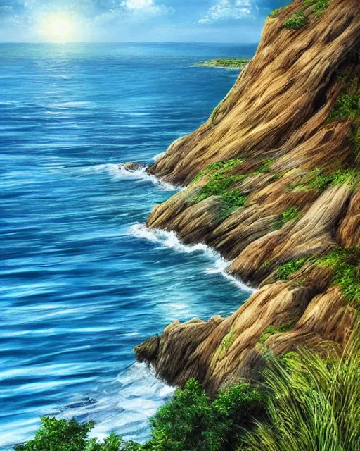 Prompt: “a beautiful vista, a cliff side overlooking the sea, award winning photorealistic painting, award winning digital art”
