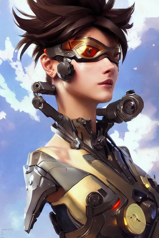 Image similar to tracer from overwatch profile picture by greg rutkowski, dynamic pose, intricate, futuristic, fantasy, elegant, by stanley artgerm lau, greg rutkowski, thomas kindkade, alphonse mucha, loish, thierry mugler, norman rockwell, 3 d