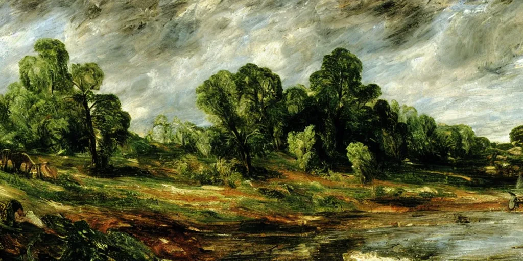 Prompt: detailed john constable painting of a jurrasic landscape