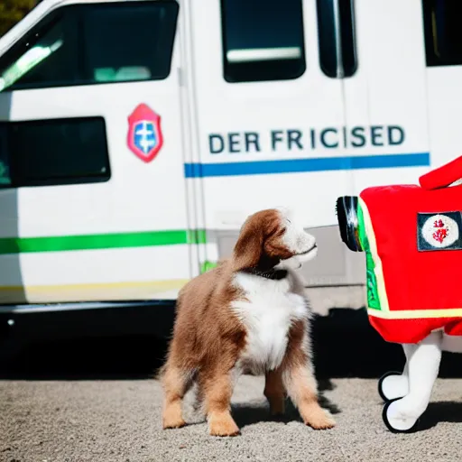 Image similar to a cute puppy wearing an ambulance costume, Canon EOS R3, f/1.4, ISO 200, 1/160s, 8K, RAW, unedited, symmetrical balance, in-frame