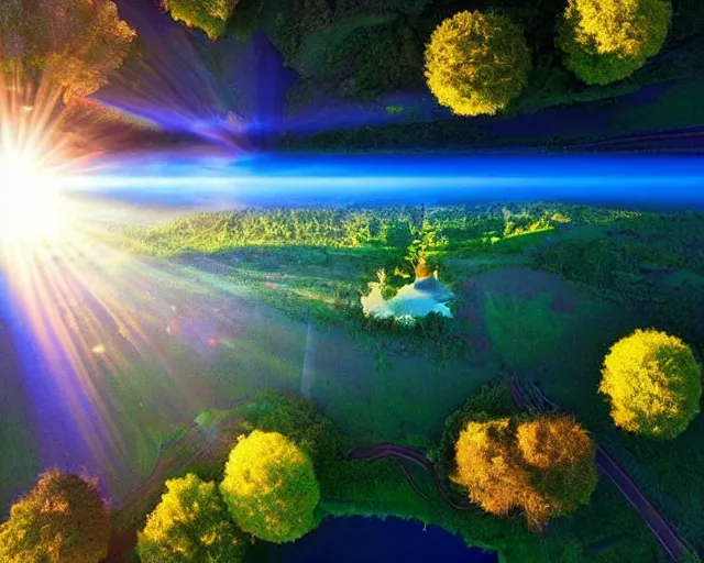 Prompt: the world seen from above. 16k utopian future serene beautiful landscape photography of the garden of eden. lake reflections in the foreground, fruit tree's and animals everywhere. sun rays shining through the trees. lens flare. sunset, dramatic lighting by Marc Adamus on mushrooms.
