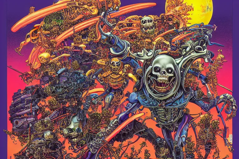 Image similar to poster of crazy roborts skeletor, by yoichi hatakenaka, masamune shirow, josan gonzales and dan mumford, ayami kojima, takato yamamoto, barclay shaw, karol bak, yukito kishiro