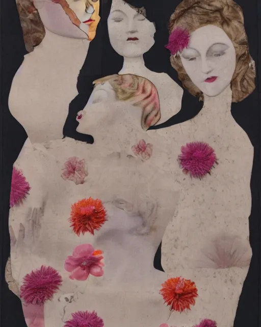 Prompt: different women's faces, cut and paste collage, mutated flowers, soft coloring, 1 9 3 0 s, silk, pearl, water stains, serene emotions