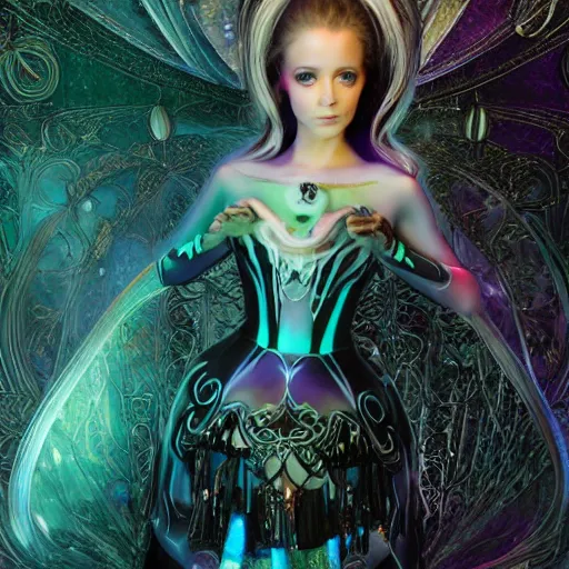 Prompt: A portrait of an ethereal, mysterious stunning maximalist mesmerizing elven girl from the rainbow sky paradise in Tron: Legacy (2010), high-tech, elegant, imposing, Victorian gothic lolita fashion, by Mark Ryden, artgerm, Hiroyuki-Mitsume Takahashi, WLOP, Goto Fujita, 奈良美智, Pixiv 3DCG, DAZ Studio, highly detailed, photorealistic, 8k resolution 3D, cinematic, dynamic lighting, octane render, close-up 35mm macro shot