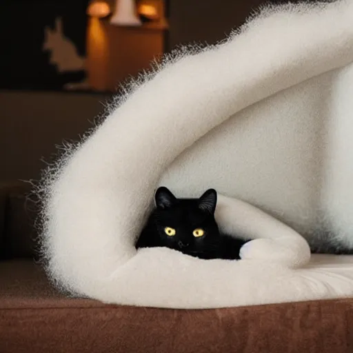 Prompt: a beautiful black cat sleeping on a fluffy sofa