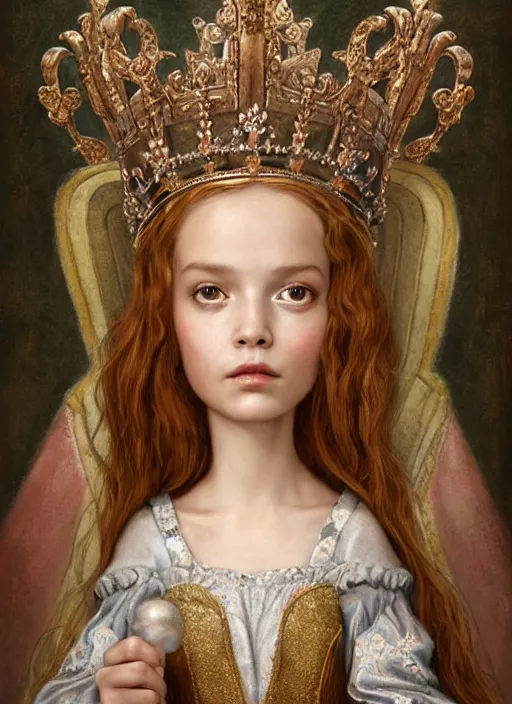 Image similar to highly detailed closeup portrait of a fairytale medieval princess wearing a crown and sitting on a throne, unreal engine, nicoletta ceccoli, mark ryden, earl norem, lostfish, global illumination, god rays, detailed and intricate environment