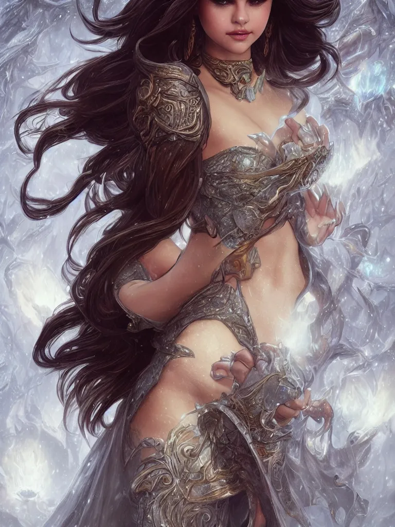 Image similar to Selena Gomez casting an frost spell, D&D, fantasy, intricate, elegant, highly detailed, digital painting, artstation, concept art, matte, sharp focus, illustration, hearthstone, art by Artgerm and Greg Rutkowski and Alphonse Mucha