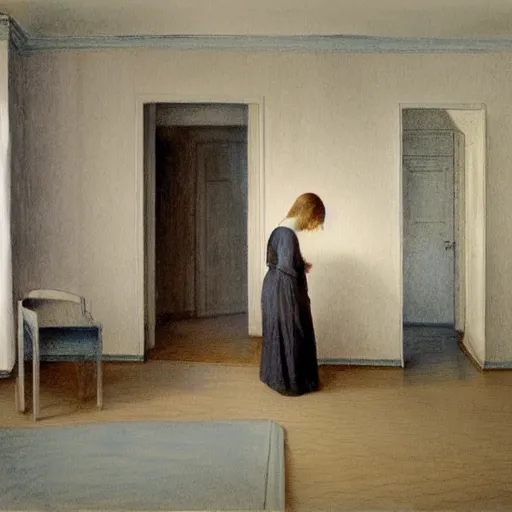 Prompt: a lonely girl in a liminal hotel room, watercolor by hammershøi, limited color palette, very intricate, art nouveau, highly detailed, lights by hopper, soft pastel colors, minimalist