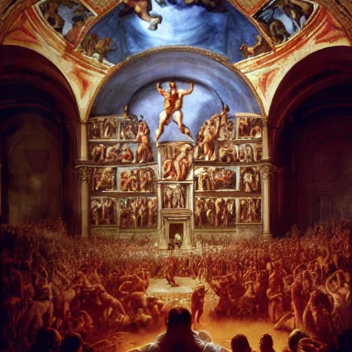 Image similar to the sistine chapel breaks open in half in the ceiling as a red magical portal from hell opens up, lucifer morningstar emerges along with demons, the priests and the pope look at the scene with terror in their eyes. highly detailed painting by gaston bussiere, greg rutkowski, craig mullins 8 k