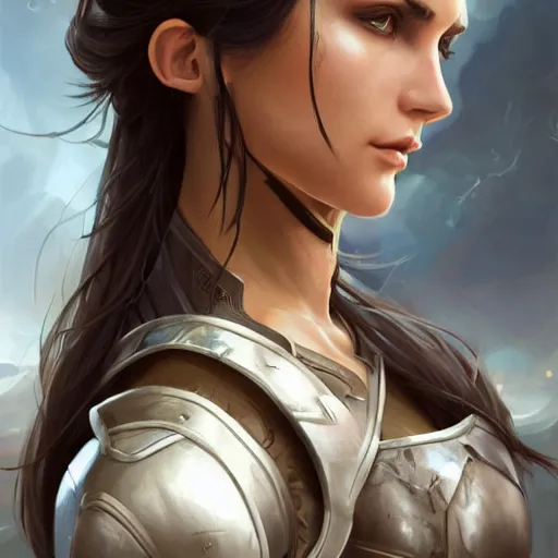 Image similar to a portrait of an attractive young woman, clothed in battle armor, olive skin, long dark hair, beautiful bone structure, symmetrical facial features, intricate, elegant, highly detailed, digital painting, trending on Artstation, concept art, smooth, sharp focus, illustration, in the style of artgerm and greg rutkowski and alphonse mucha