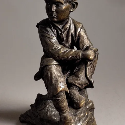 Image similar to high resolution photograph of a bronze cast sculpture of a sad peasant boy in the style of edmund kalb