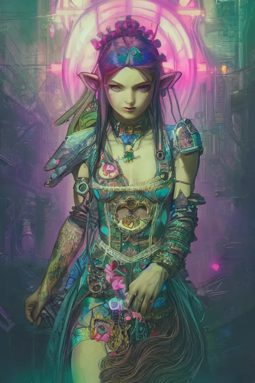 Prompt: Cyberpunk Princess Zelda, magical, flower, bright neon highlights, detailed intricate ink illustration, dark atmosphere, detailed illustration, hd, 4k, digital art, overdetailed art, concept art, by greg rutkowski, by Alfons Mucha, complementing colors, Trending on artstation, deviantart