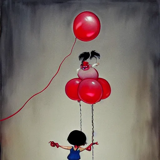 Image similar to grunge cartoon painting of a little girl playing with a jump rope with a wide smile and a red balloon by chris leib, loony toons style, pennywise style, horror theme, detailed, elegant, intricate