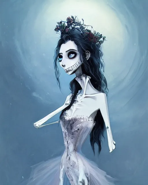 Image similar to elegant mysterious gracious undead victoria everglot from the corpse bride, portrait, illustration, the land of the death, skeletal hand, rim light, top light, summer clear blue sky, perfectly shaded, soft painting, art by krenz cushart and wenjun lin