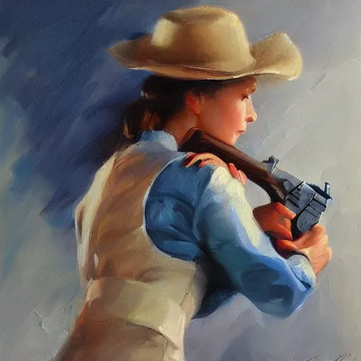 Image similar to woman with a gun painting by Vladimir Volegov