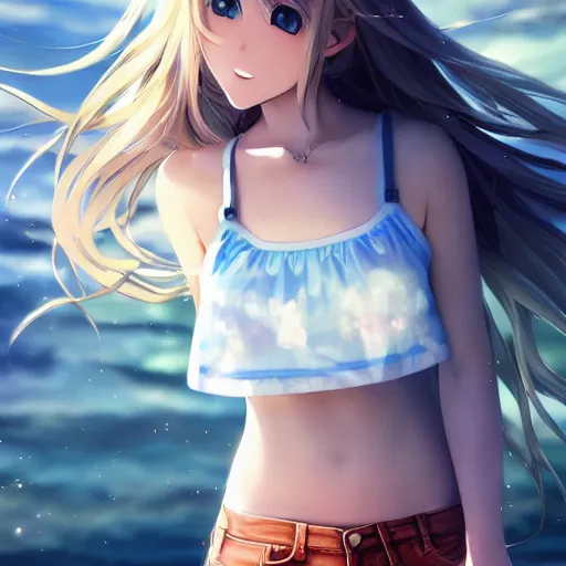 Image similar to a very beautiful anime girl, full body, long wavy blond hair, sky blue eyes, full round face, short smile, cute top, short jeans, summer lake setting, cinematic lightning, medium shot, mid-shot, highly detailed, trending on Artstation, Unreal Engine 4k, cinematic wallpaper by Stanley Artgerm Lau, WLOP, Rossdraws, James Jean, Andrei Riabovitchev, Marc Simonetti, and Sakimichan