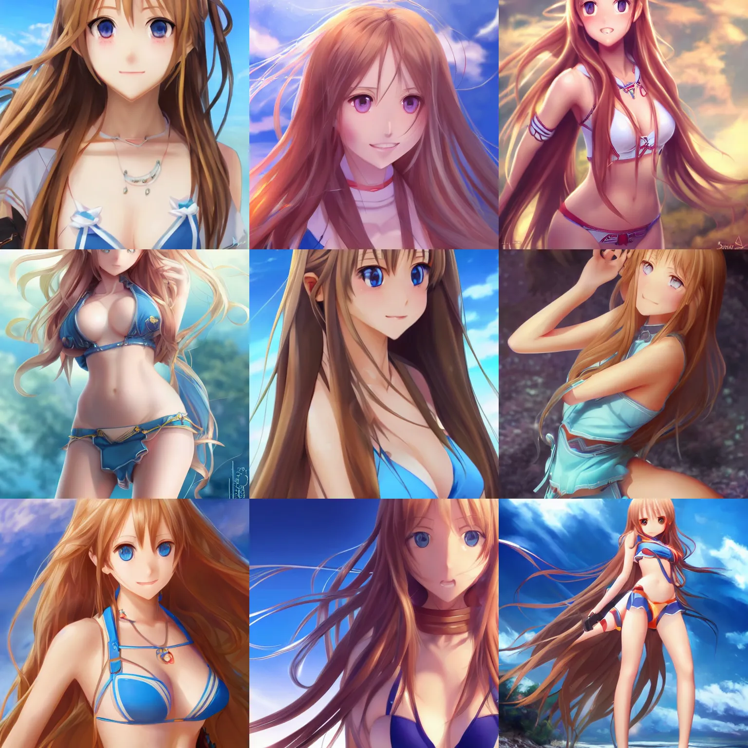 Prompt: a very beautiful young yuuki asuna, full body, long wavy blond hair, sky blue eyes, full round face,, bikini, miniskirt, front view, mid - shot, highly detailed, cinematic wallpaper by stanley artgerm lau