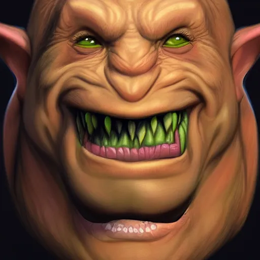 Prompt: portrait of a goblin with a big bulbous nose, long ears, black slick hair, a white clouded eye and a scar, wicked smile, concept character in the style of boris vallejo and jeff easley, trending on artstation, dnd