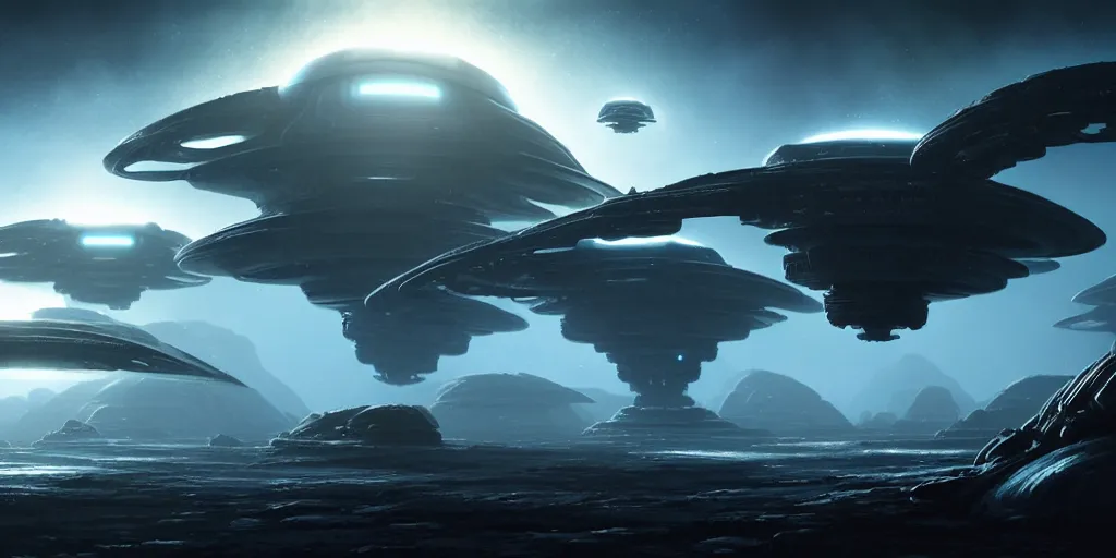 Prompt: alien ships flying over surface of alien planet, ultra high definition, ultra detailed, symmetry, god rays, sci - fi, dark fantasy, by greg rutkowski and ross tran