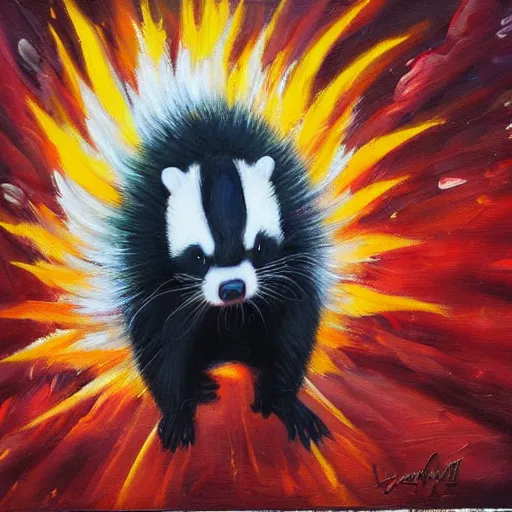 Image similar to skunk wearing shades, explosion behind it, walking confidently, oil painting, professional, highly detailed